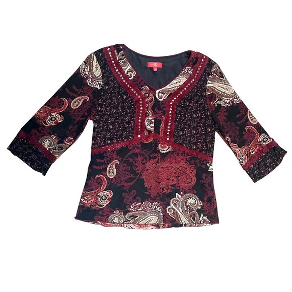 Sangria Size 10 Burgundy Paisley Studded V Neck Lined Blouse Vintage Boho Core - Picture 10 of 10